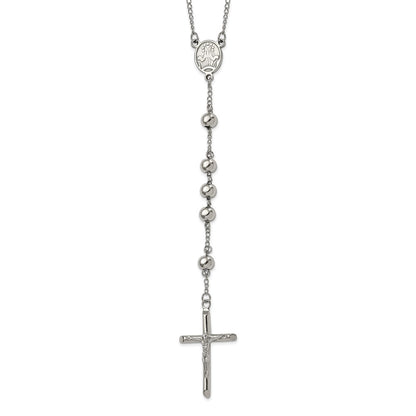 Stainless Steel Polished 8mm Beaded Rosary Necklace 32.5"