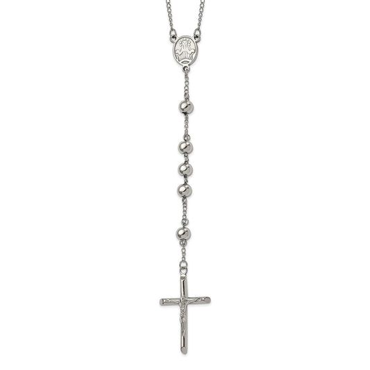 Stainless Steel Polished 8mm Beaded Rosary Necklace 32.5"