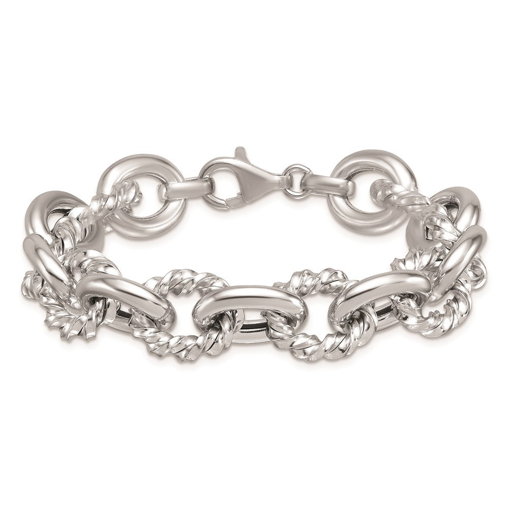 925 Sterling Silver 14.25mm Rhodium-plated Polished & Twisted Oval Link Bracelet 8 inch