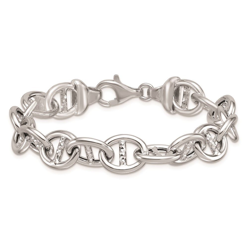 925 Sterling Silver 11.8mm Rhodium-plated Polished & Textured Anchor Link Bracelet 8 inch