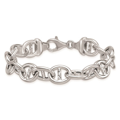 925 Sterling Silver 11.8mm Rhodium-plated Polished & Textured Anchor Link Bracelet 8 inch