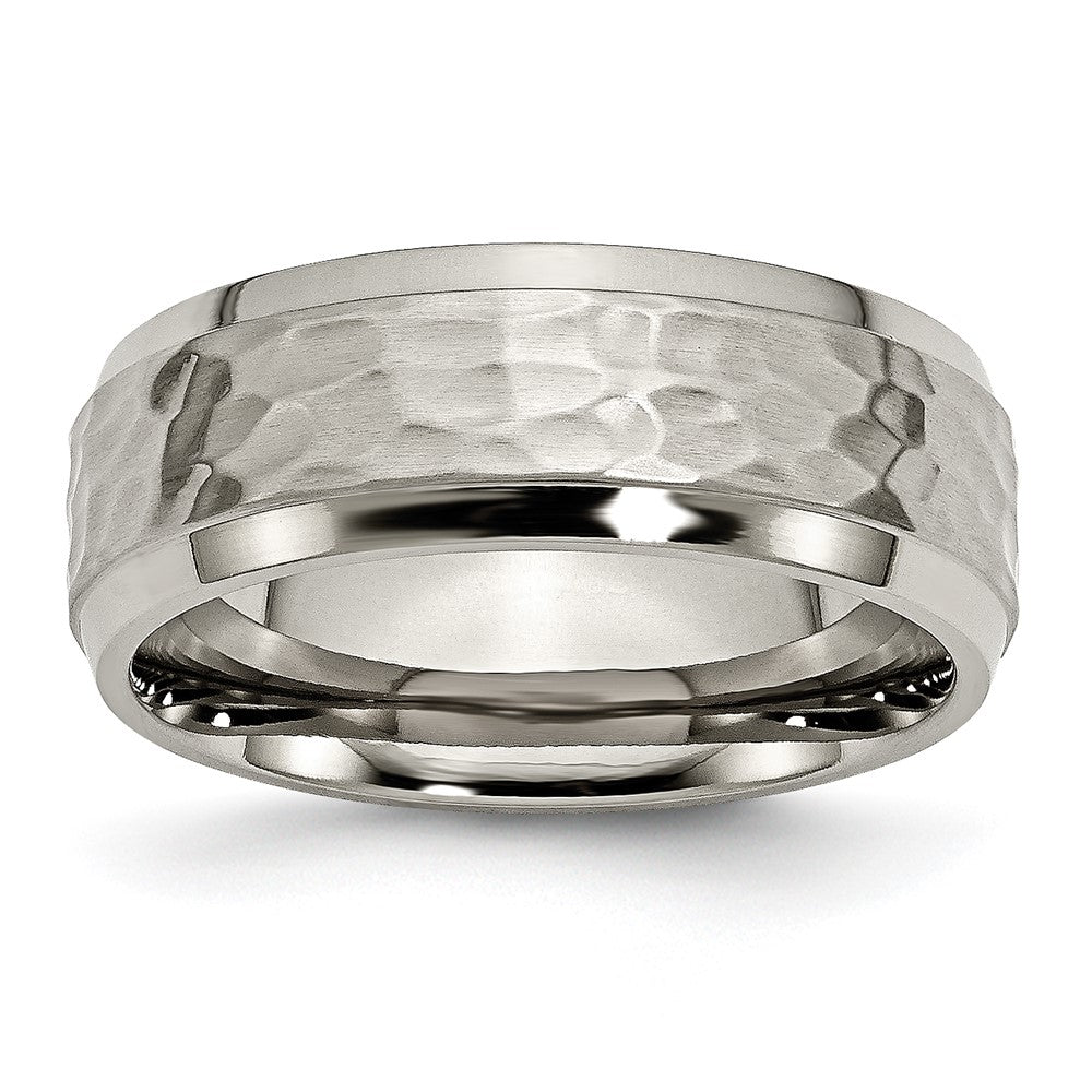 Titanium Polished and Hammered 8mm Beveled Edge Band Ring