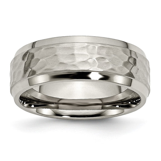 Titanium Polished and Hammered 8mm Beveled Edge Band Ring