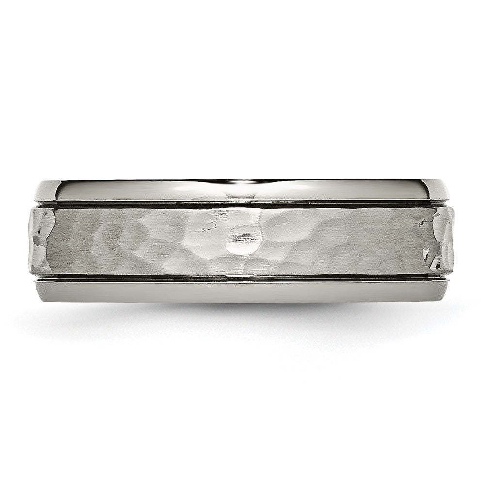 Titanium Polished and Hammered 7mm Grooved Edge Band Ring