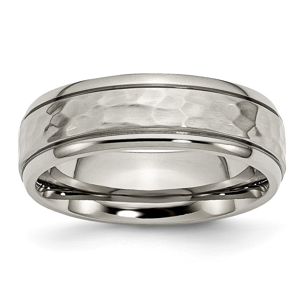 Titanium Polished and Hammered 7mm Grooved Edge Band Ring