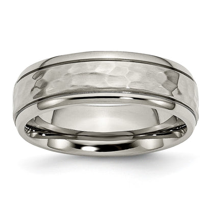 Titanium Polished and Hammered 7mm Grooved Edge Band Ring