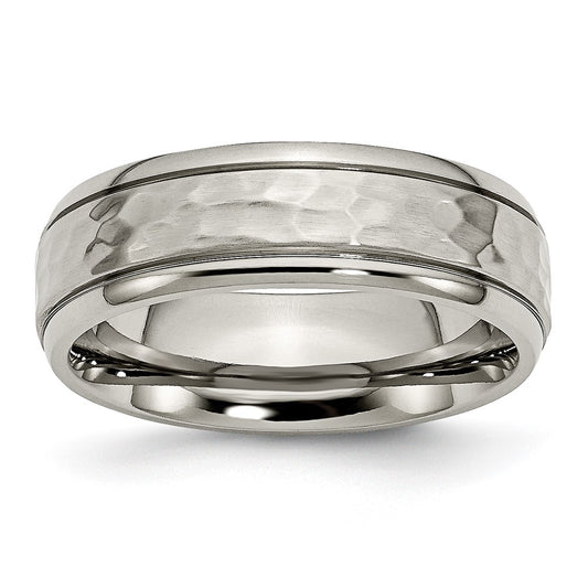 Titanium Polished and Hammered 7mm Grooved Edge Band Ring