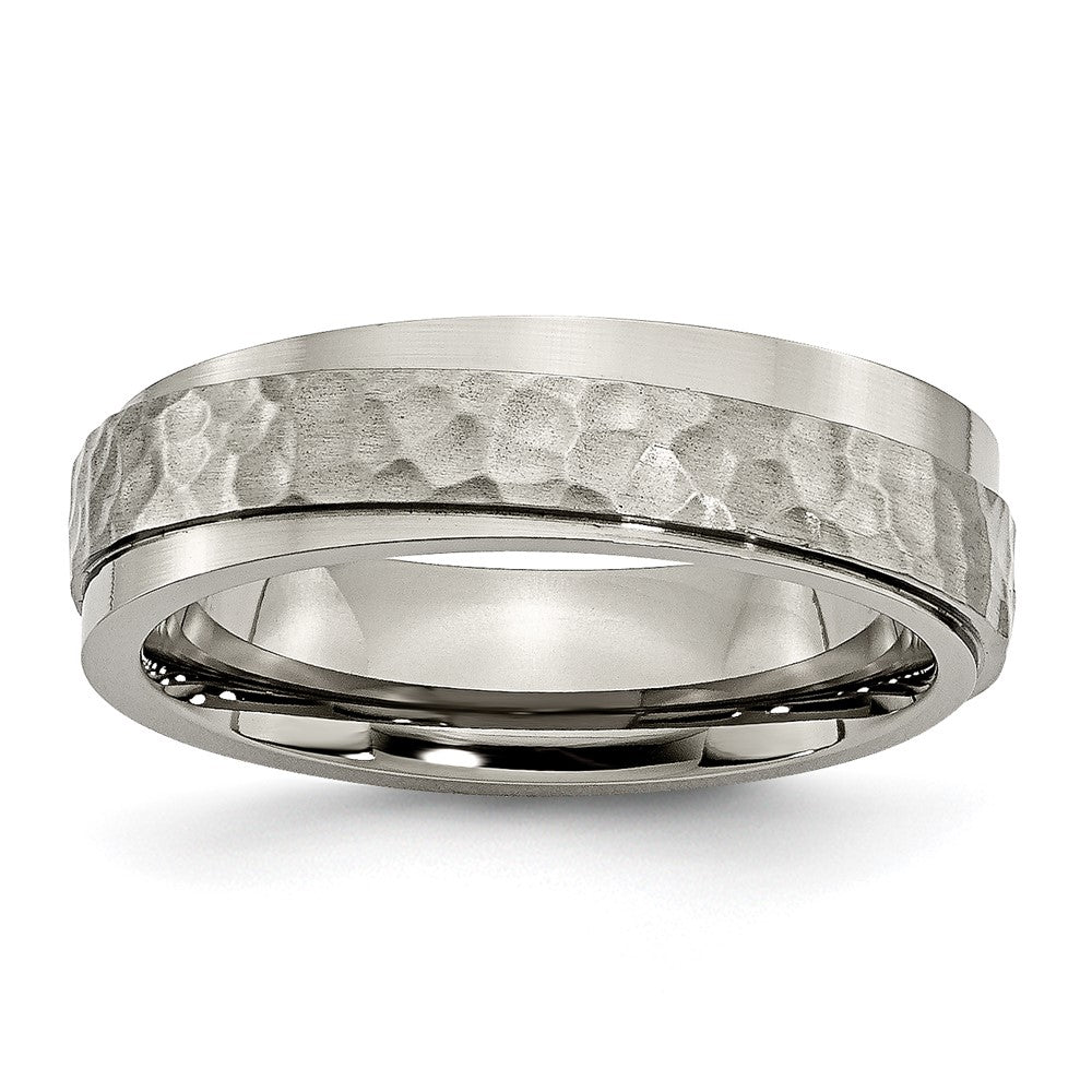 Titanium Polished and Hammered 6mm Ridged Edge Band Ring