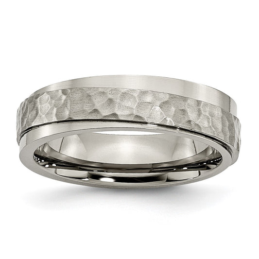 Titanium Polished and Hammered 6mm Ridged Edge Band Ring