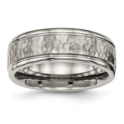 Titanium Polished with Satin Hammered Center 8mm Grooved Band Ring
