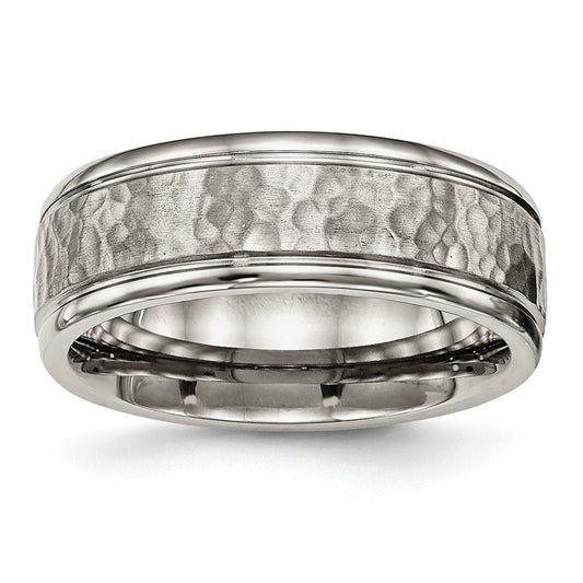 Titanium Polished with Satin Hammered Center 8mm Grooved Band Ring