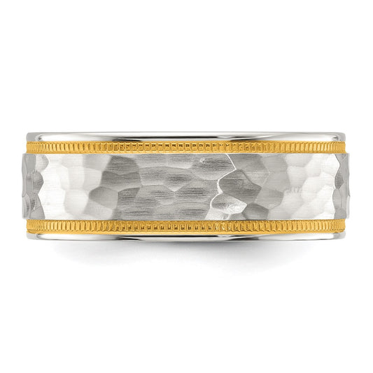 Titanium Brushed Polished and Hammered Yellow IP-plated 7mm Band Ring