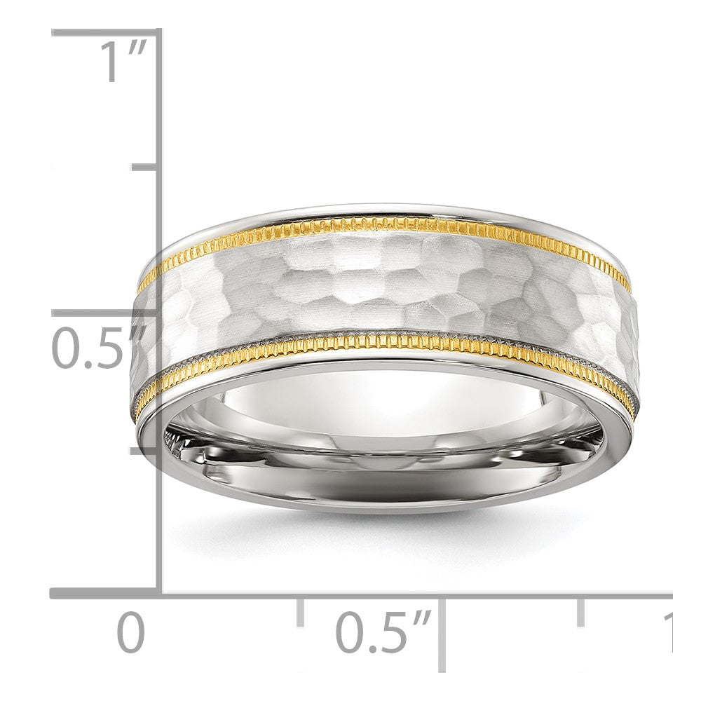 Titanium Brushed Polished and Hammered Yellow IP-plated 7mm Band Ring