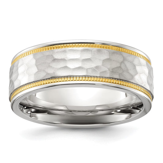 Titanium Brushed Polished and Hammered Yellow IP-plated 7mm Band Ring