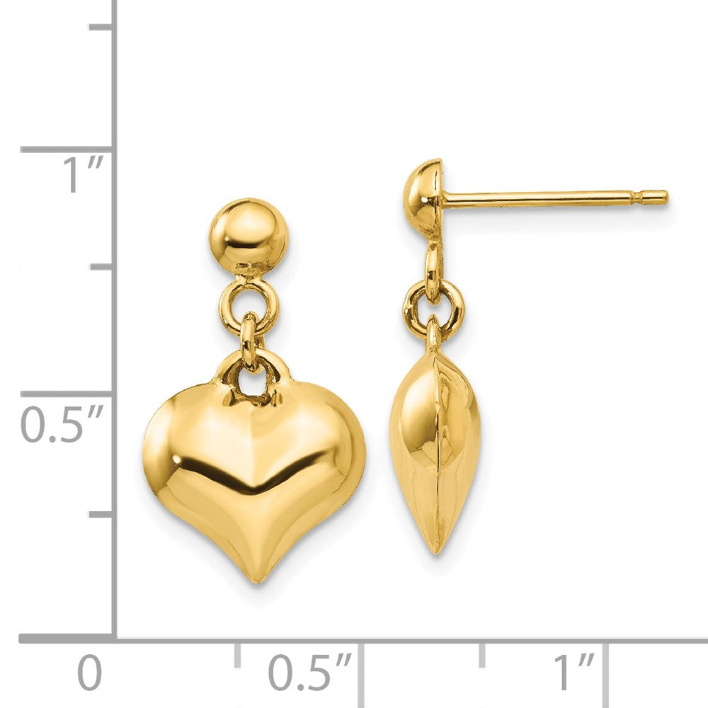 14k Yellow Gold Polished Puffed Heart Dangle Earrings