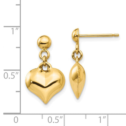 14k Yellow Gold Polished Puffed Heart Dangle Earrings