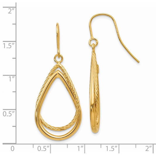 14k Yellow Gold Polished and Textured Teardrop Shepherd Hook Earrings