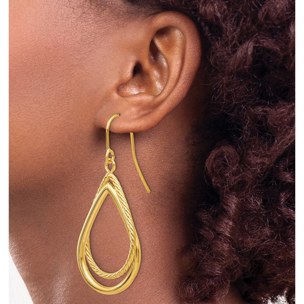 14k Yellow Gold Polished and Textured Teardrop Shepherd Hook Earrings