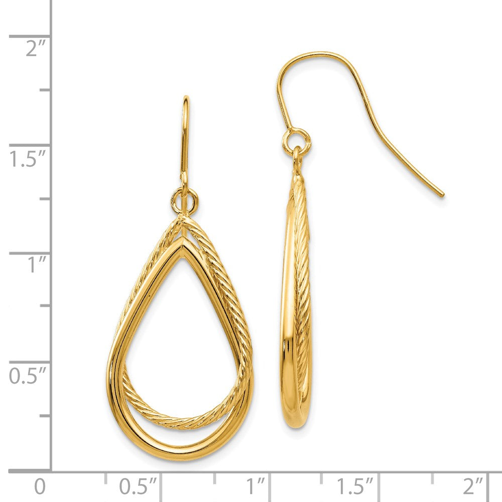 14k Yellow Gold Polished and Textured Teardrop Shepherd Hook Earrings