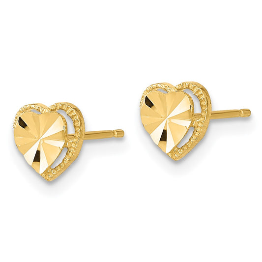 14k Yellow Gold Polished Diamond-cut Heart Stud Earrings