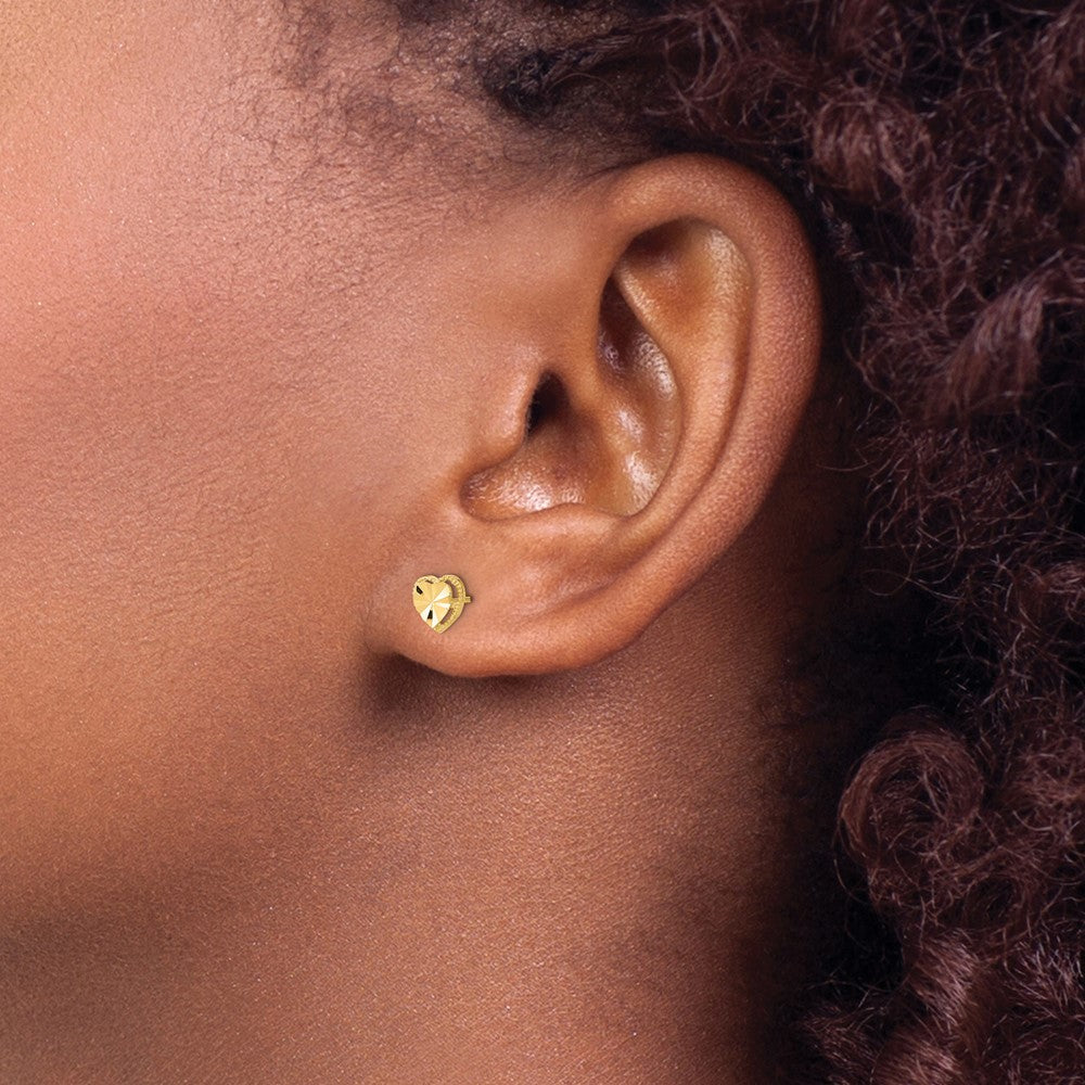 14k Yellow Gold Polished Diamond-cut Heart Stud Earrings