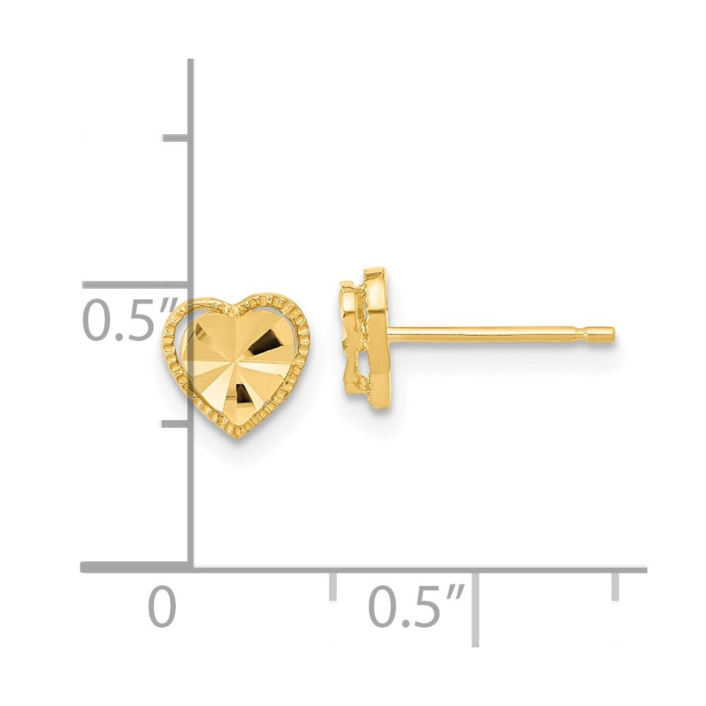 14k Yellow Gold Polished Diamond-cut Heart Stud Earrings