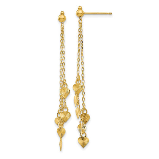 14k Yellow Gold Diamond Cut Heart Post Dangle Earrings