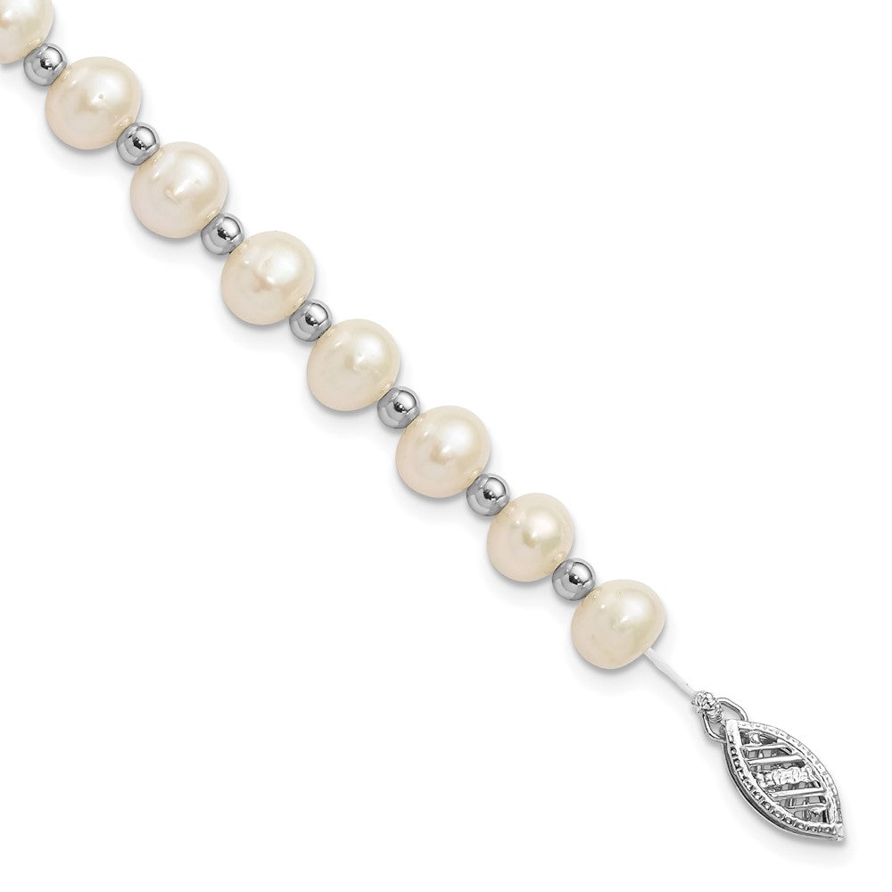 14k White Gold 6-7mm White Round Freshwater Cultured Pearl Beaded 7 inch Bracelet