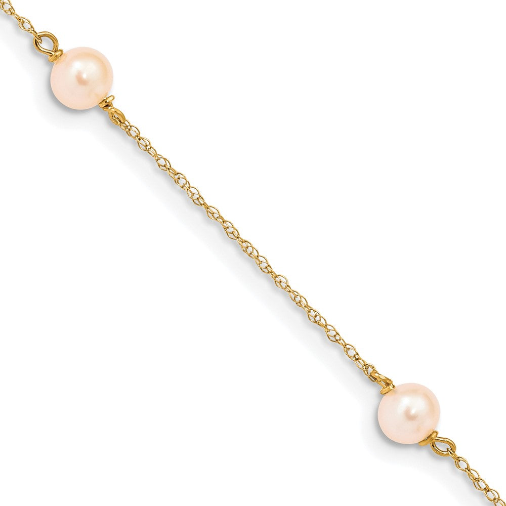 14k Yellow Gold 5-6mm Pink Round Freshwater Cultured Pearl 3-Station 6 inch Bracelet