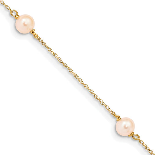 14k Yellow Gold 5-6mm Pink Round Freshwater Cultured Pearl 3-Station 6 inch Bracelet
