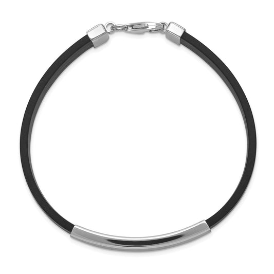925 Sterling Silver 11mm Rhodium-plated ID Black Rubber Bracelet 8 inch