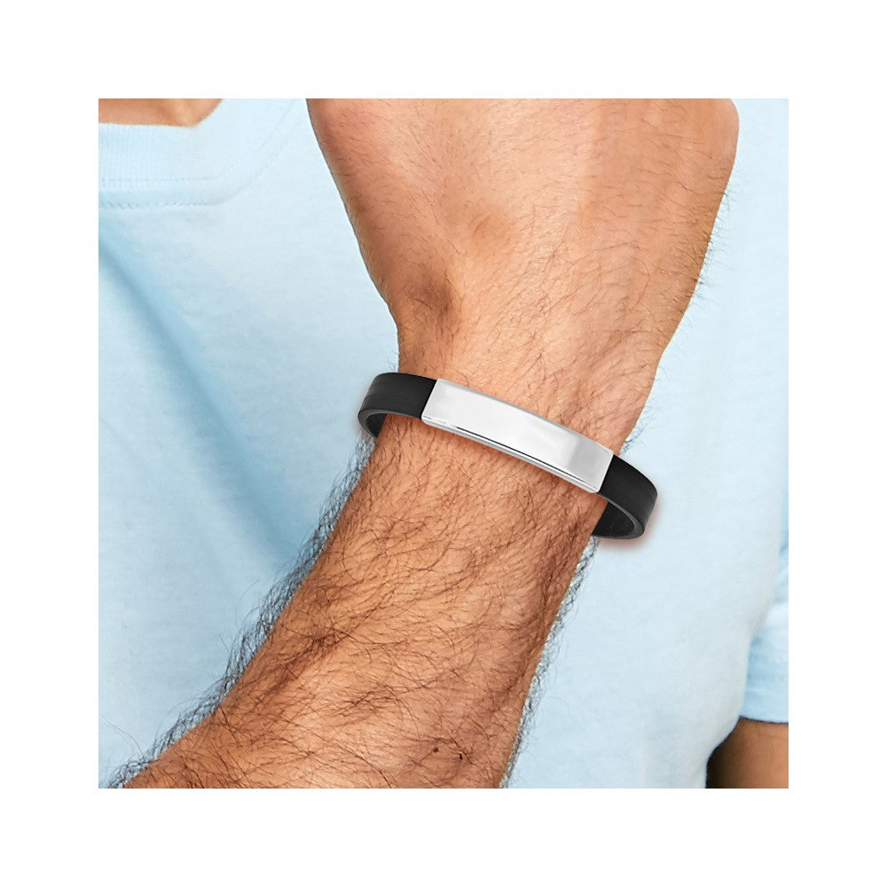 925 Sterling Silver 11mm Rhodium-plated ID Black Rubber Bracelet 8 inch
