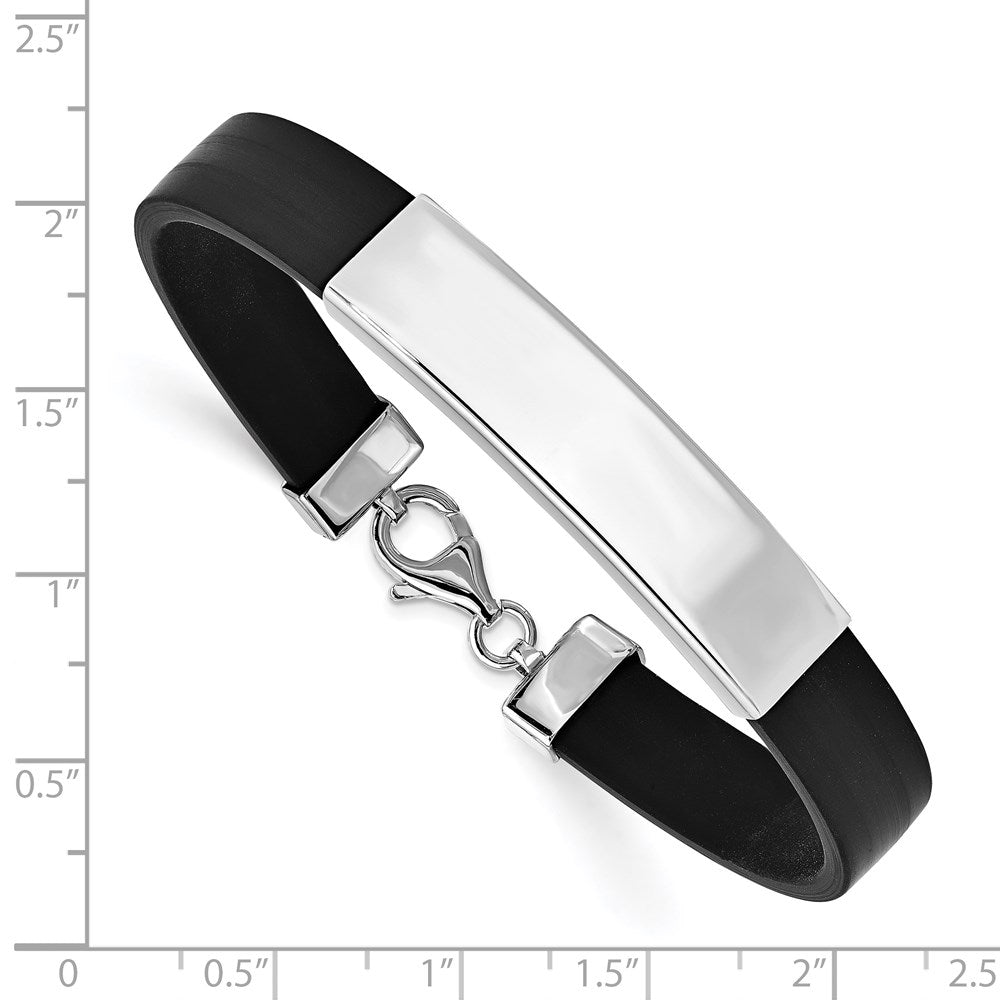 925 Sterling Silver 11mm Rhodium-plated ID Black Rubber Bracelet 8 inch