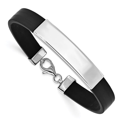 925 Sterling Silver 11mm Rhodium-plated ID Black Rubber Bracelet 8 inch