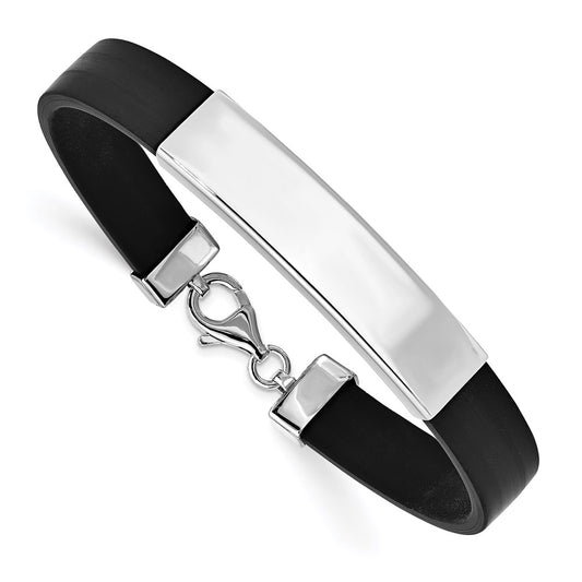 925 Sterling Silver 11mm Rhodium-plated ID Black Rubber Bracelet 8 inch