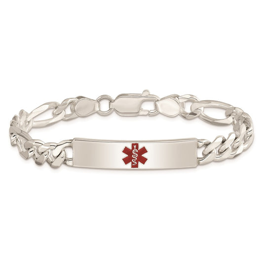 925 Sterling Silver 8mm Polished Medical Figaro Anchor Link ID Bracelet 8.5 inch