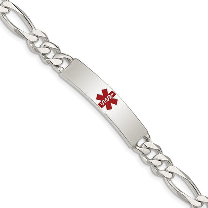 925 Sterling Silver 8mm Polished Medical Figaro Anchor Link ID Bracelet 8.5 inch