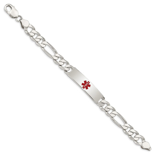 925 Sterling Silver 10mm Polished Medical Figaro Anchor Link ID Bracelet 8.5 inch