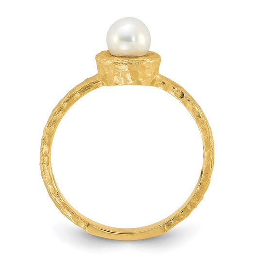 14K Brushed & Hammered 5-6mm Freshwater Cultured Pearl Ring