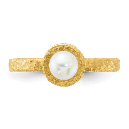 14K Brushed & Hammered 5-6mm Freshwater Cultured Pearl Ring