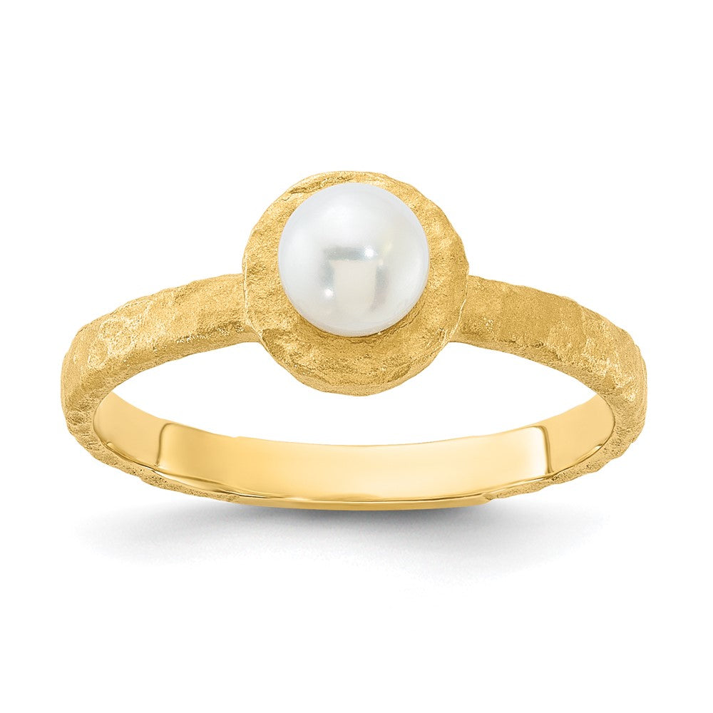 14K Brushed & Hammered 5-6mm Freshwater Cultured Pearl Ring