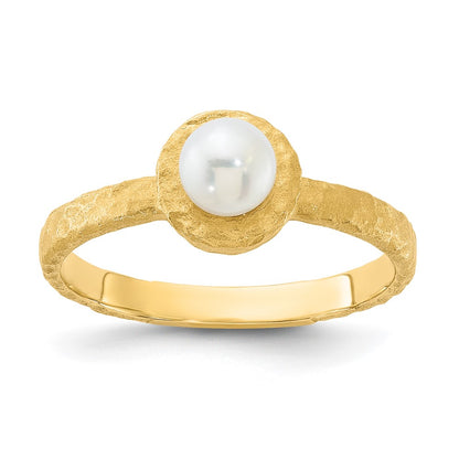 14K Brushed & Hammered 5-6mm Freshwater Cultured Pearl Ring