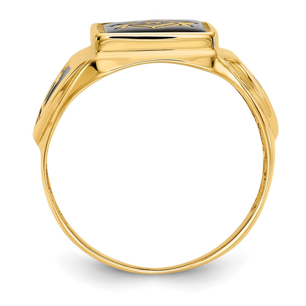 14k Yellow Gold Polished, Antiqued and Textured Onyx Masonic Men's Ring