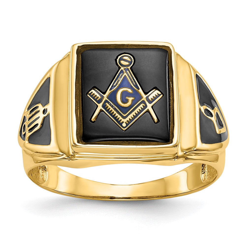 14k Yellow Gold Polished, Antiqued and Textured Onyx Masonic Men's Ring
