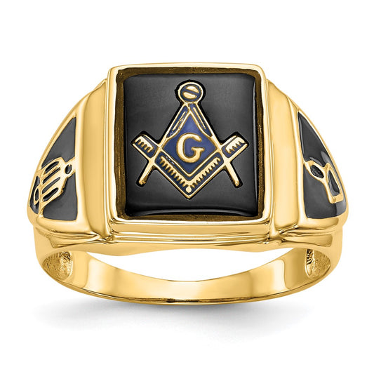 14k Yellow Gold Polished, Antiqued and Textured Onyx Masonic Men's Ring