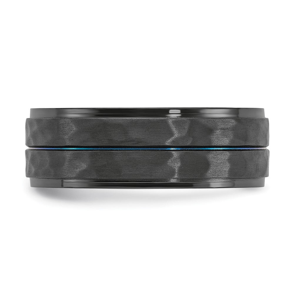 Black Zirconium Brushed Polished and Hammered with Blue IP-plated 8mm Band Ring