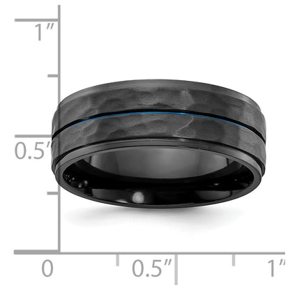 Black Zirconium Brushed Polished and Hammered with Blue IP-plated 8mm Band Ring