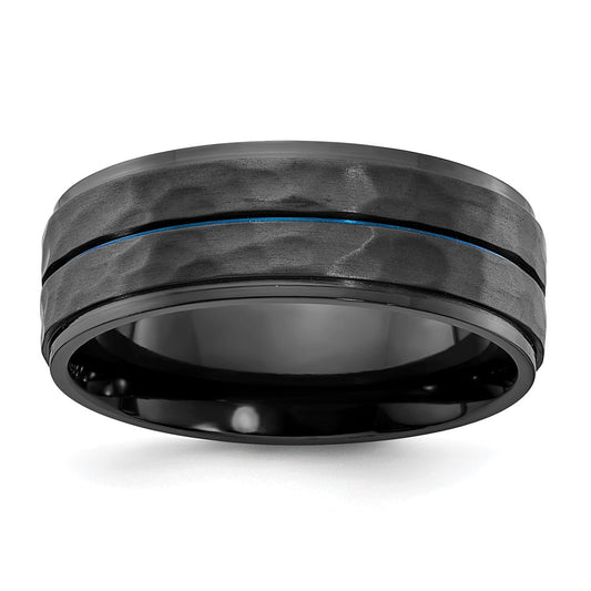 Black Zirconium Brushed Polished and Hammered with Blue IP-plated 8mm Band Ring