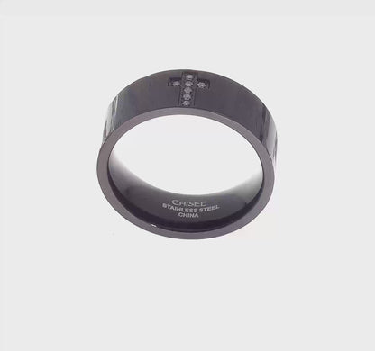 Stainless Steel Polished and Matte Black IP-plated 1/20 Carat Diamond Cross Band Ring