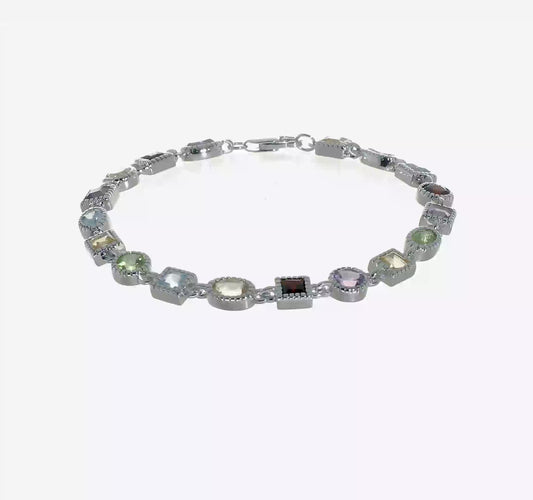 Sterling Silver Rhod Plated Rainbow Multi-Gemstone Bracelet 7"